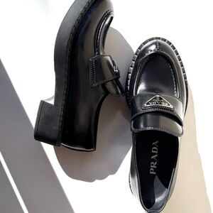 PRADA Metal Enameled Triangle Leather Platform Loafers Black Shoes 38